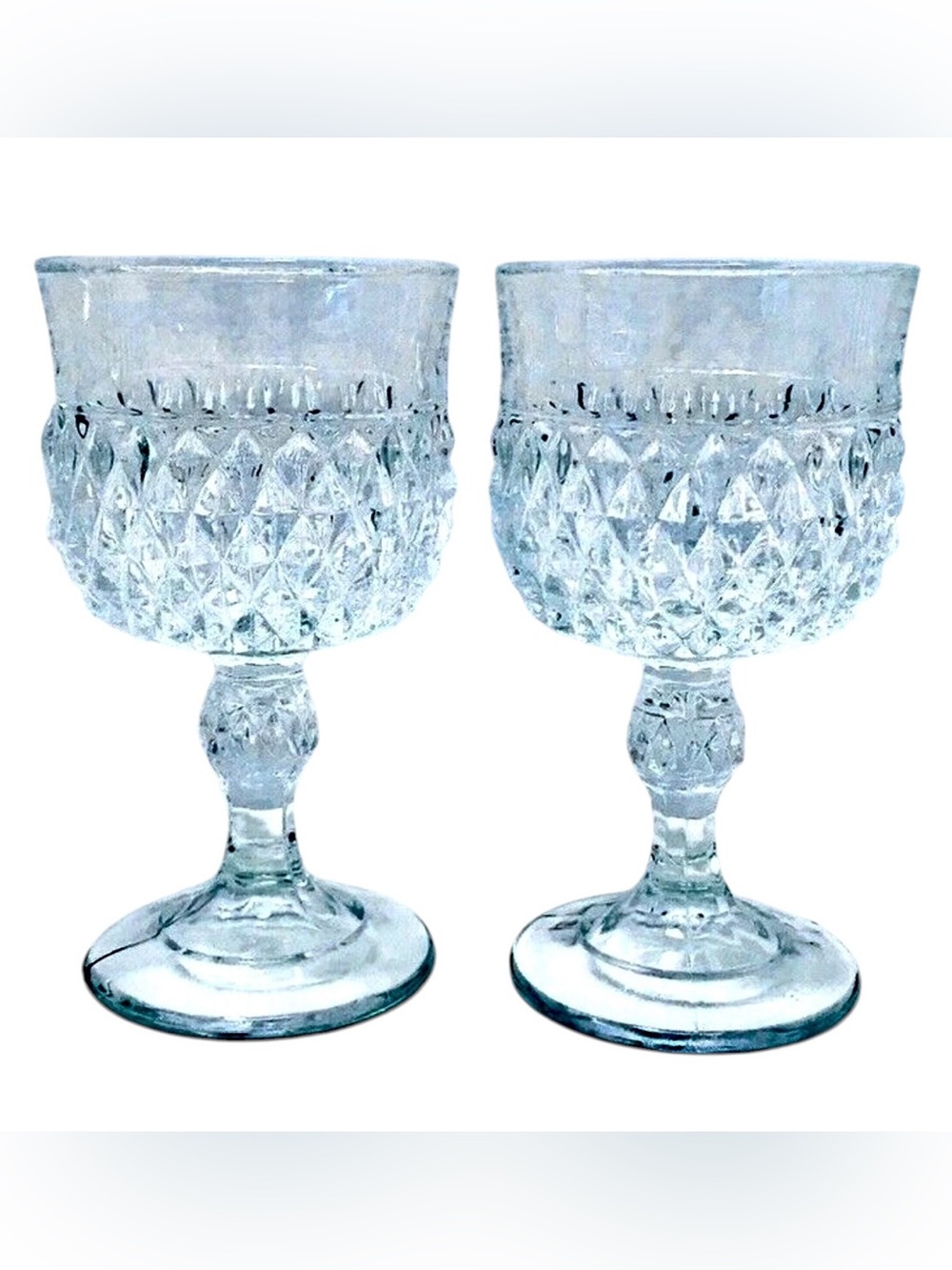 Indiana Glass See Of 2 Vintage 1960’s Clear Diamond Point Wine Glasses 6 oz